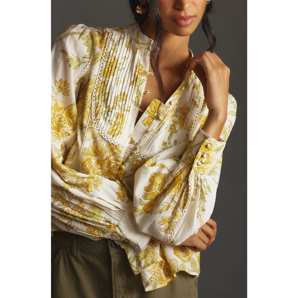 Anthropologie Floral Romantic Ruffle Pintuck Blouse Top Size Medium 3039 - Picture 2 of 14